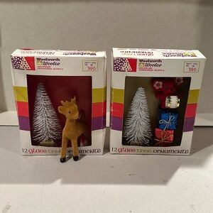 2 vintage Woolworth ornament box dioramas. Each with felt animal
